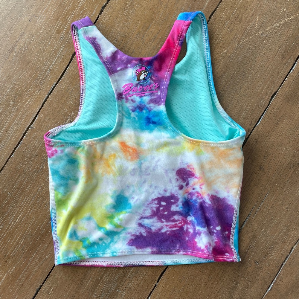 Girls Buc-ee’s Workout Tie Dye Top, Longline Cropped Bra Top, Youth Small